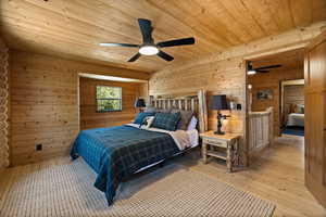 Bedroom with wooden ceiling, hardwood / wood-style flooring, wooden walls, and ceiling fan