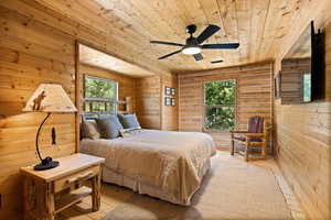 Bedroom with wood ceiling, light wood finished floors, wooden walls, and ceiling fan