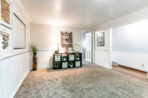 Family room with crown molding, a wainscoted wall, and carpet