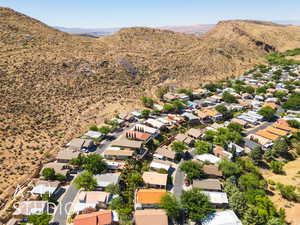 Aerial perspective of suburban area with mountains