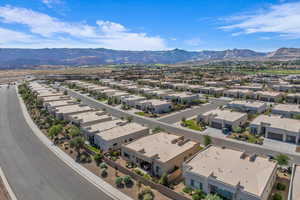 Aerial view of residential area with mountains