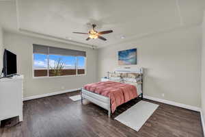 Bedroom featuring wood finished floors, ceiling fan, and a tray ceiling
