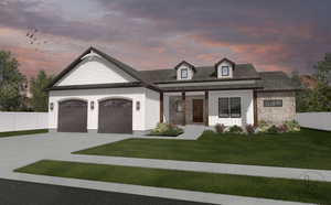 View of front of house featuring a garage, concrete driveway, stone siding, board and batten siding, and a shingled roof