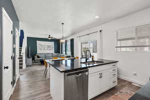 Kitchen featuring stainless steel dishwasher, dark wood-type flooring, a textured ceiling, white cabinets, and hanging light fixtures