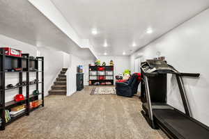 Workout room featuring carpet floors and recessed lighting