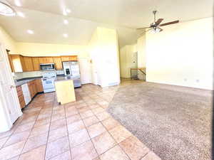 Kitchen with appliances with stainless steel finishes, vaulted ceiling, open floor plan, a kitchen island, and a ceiling fan