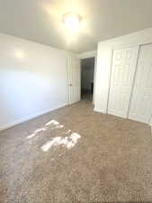 Unfurnished bedroom featuring a closet, carpet flooring, and a textured ceiling