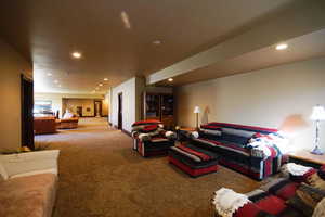 Living area with carpet and recessed lighting