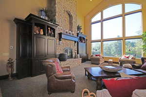 Living room featuring high vaulted ceiling, carpet flooring, and a stone fireplace