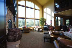 Carpeted living room featuring high vaulted ceiling
