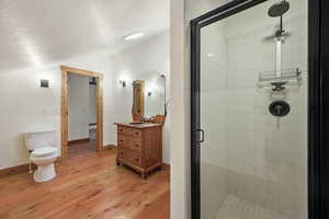 Bathroom featuring a shower stall, hardwood / wood-style floors, vanity, and lofted ceiling