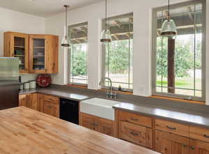 Kitchen with black dishwasher, butcher block countertops, plenty of natural light, and glass insert cabinets