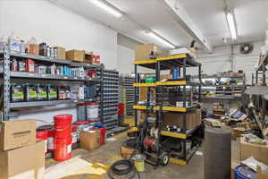 Garage featuring a workshop area