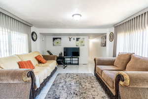 Living area with a textured ceiling