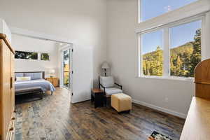 Bedroom with hardwood / wood-style flooring and a high ceiling