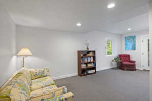 Living area featuring carpet flooring, recessed lighting, and a textured ceiling