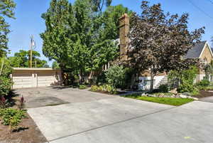 View of property hidden behind natural elements with a garage, driveway, and a chimney