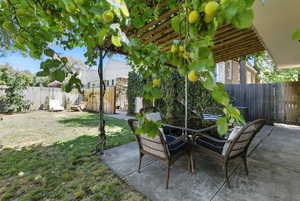Fenced backyard with a patio area and outdoor dining area