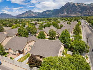 Aerial view of residential area with mountains