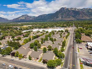 Aerial perspective of suburban area featuring mountains
