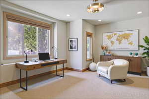 Office space featuring light carpet and recessed lighting