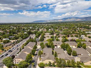 Aerial perspective of suburban area featuring mountains