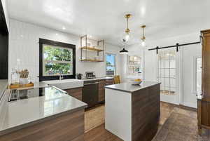 Kitchen with dishwasher, a barn door, dark wood-type flooring, backsplash, and recessed lighting