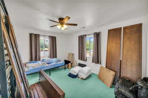 Bedroom featuring multiple windows, carpet flooring, and ceiling fan