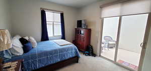 Carpeted bedroom with access to outside