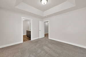 Empty room featuring a tray ceiling, carpet floors, and a textured ceiling
