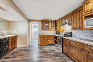 Apartment Kitchen featuring electric stove, white microwave, under cabinet range hood, and brown cabinets