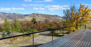 Wooden deck featuring a mountain view