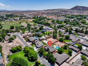 Aerial view of residential area with mountains