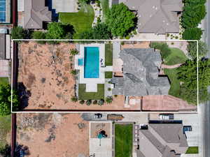 Aerial view of property's location with a pool area and property boundaries highlighted