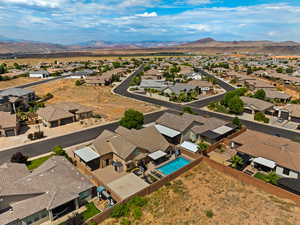 Aerial view of residential area with a mountain backdrop