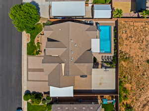 View from above of property with a pool area