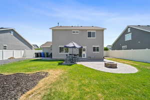 Back of house featuring an outdoor fire pit, a patio area, a fenced backyard, and stucco siding