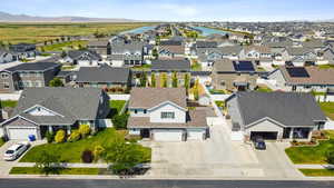 Aerial view of residential area with mountains