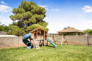 View of playground with a fenced backyard