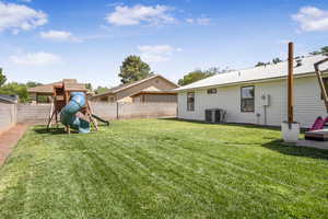 Fenced backyard featuring a playground