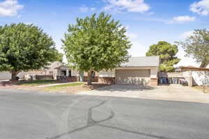 View of property hidden behind natural elements featuring a garage, driveway, and brick siding