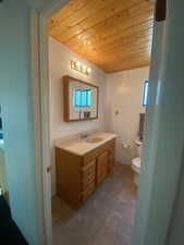 Half bath featuring wooden ceiling and vanity