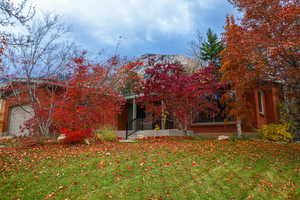 Rear view of property featuring a lawn and a garage