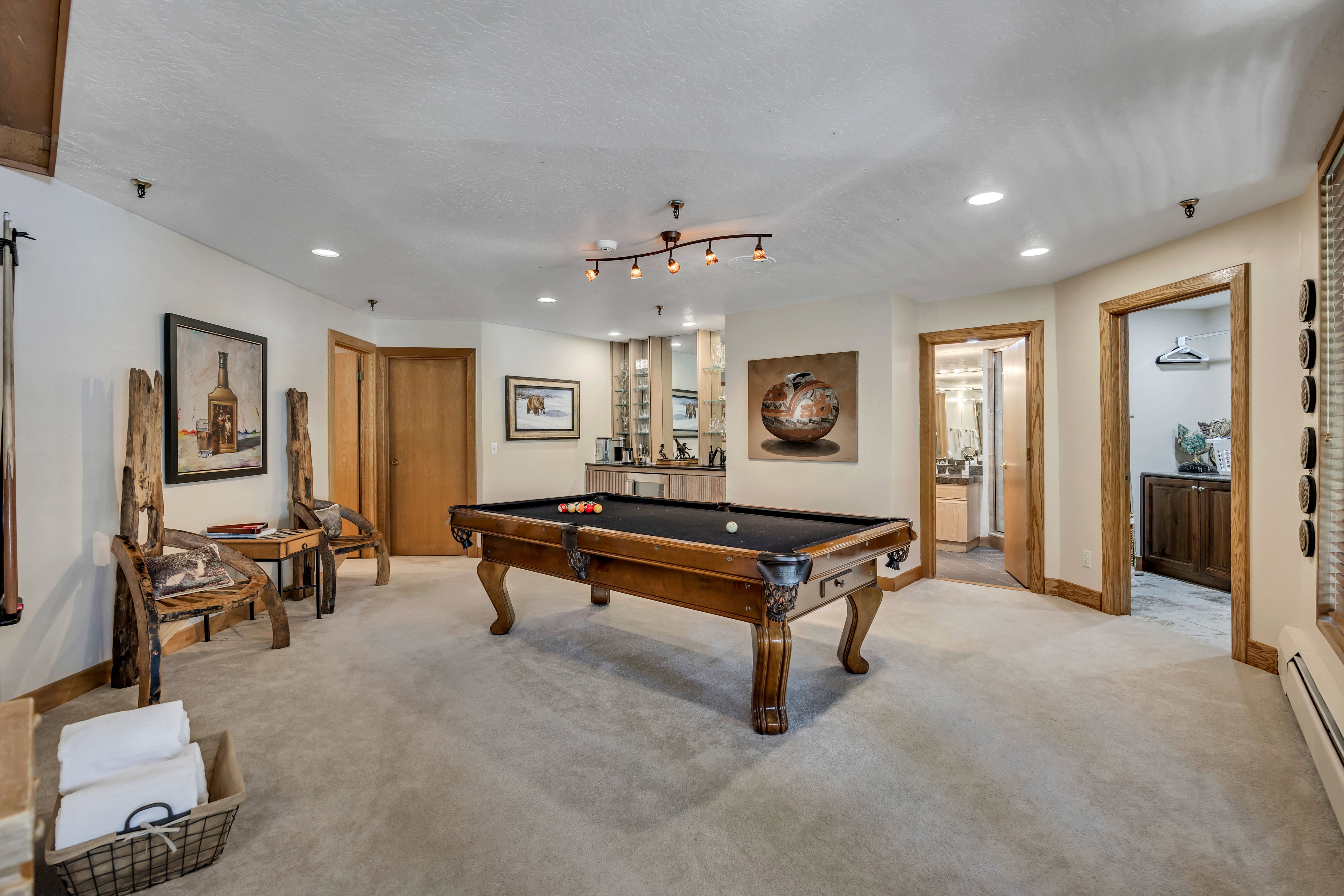 Rec room with pool table, light carpet, and recessed lighting