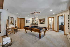 Rec room with pool table, light carpet, and recessed lighting