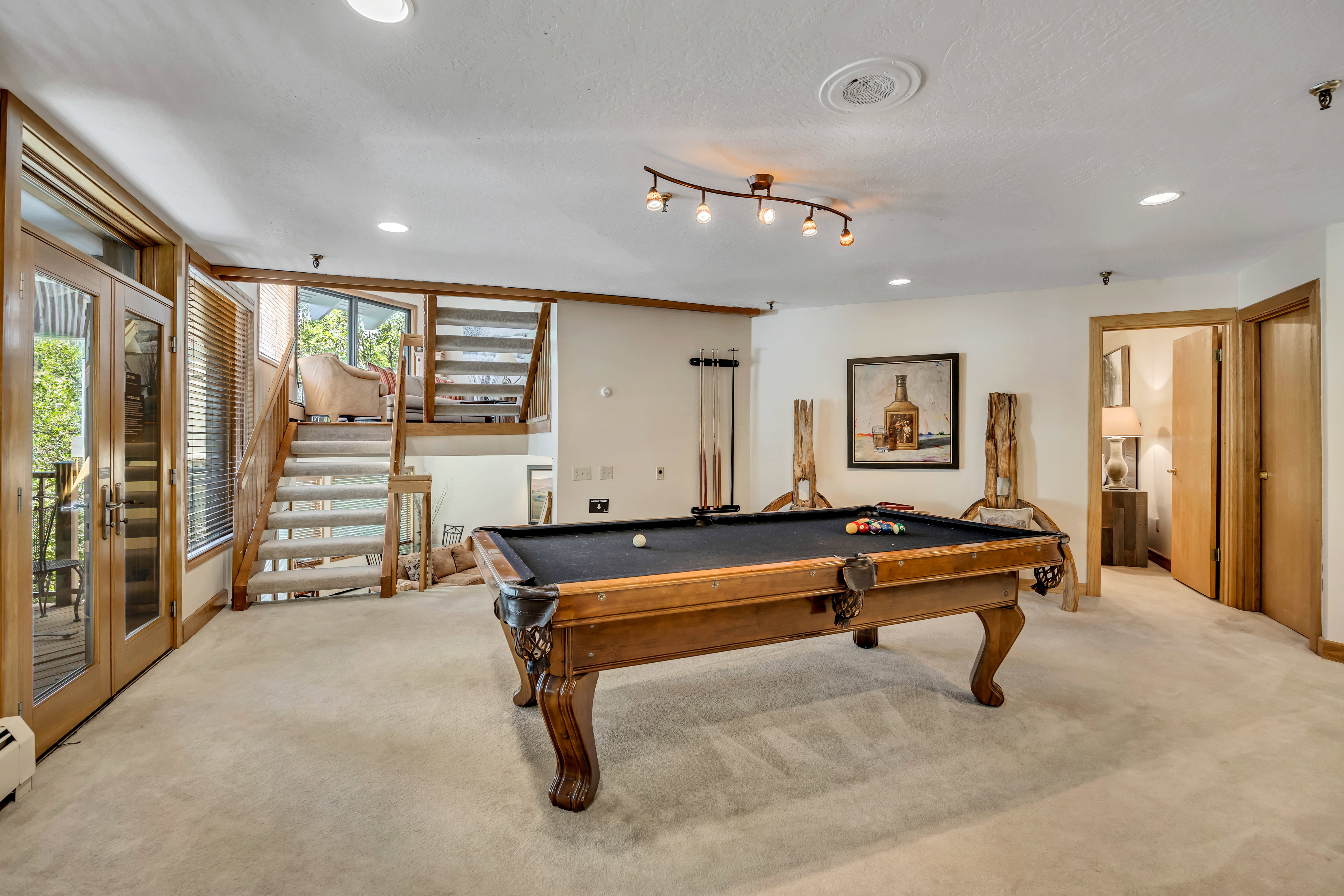 Playroom with carpet flooring, billiards table, recessed lighting, and a baseboard heating unit