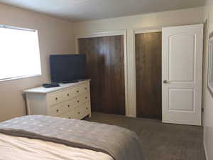 Bedroom with two closets and carpet flooring