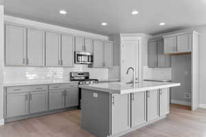 Kitchen with gray cabinetry, stainless steel appliances, light wood finished floors, tasteful backsplash, and recessed lighting