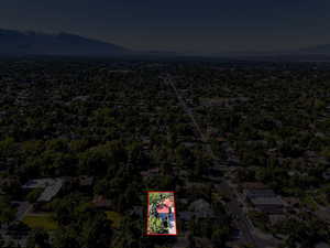 Aerial overview of property's location featuring property boundaries highlighted and mountains