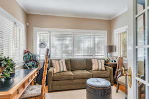 Living room with ornamental molding and healthy amount of natural light
